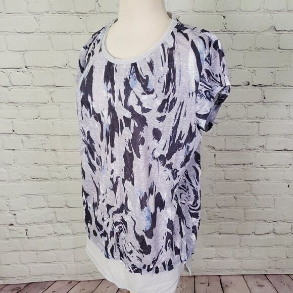 calvin Klein 100% linen burnout knit top Raw edge grey blue white sz M - Picture 3 of 5
